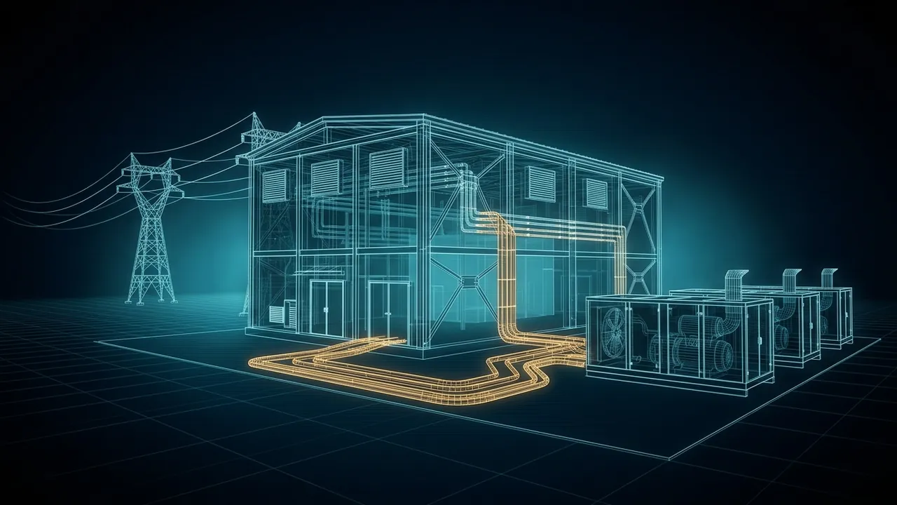 Can a Data Center Use Grid Power and On-Site Power Together? - 3D Wireframe Animation